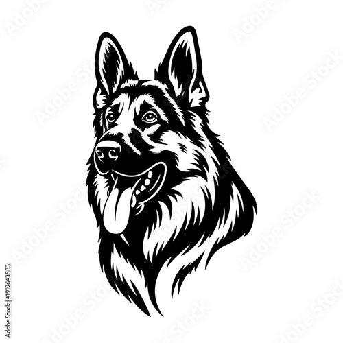 A bold black and white vector illustration of a German Shepherd dog's head. This high-contrast portrait features an alert expression with its tongue out and ears up.