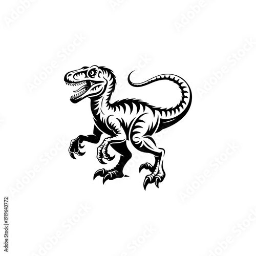 A bold black and white vector illustration of a velociraptor dinosaur. This high-contrast graphic features a dynamic pose, sharp claws, and detailed scales or stripes.