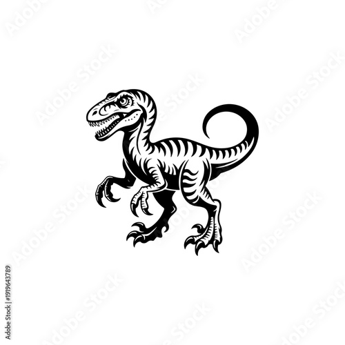 A bold black and white vector illustration of a velociraptor dinosaur. This high-contrast graphic features a dynamic pose, sharp claws, and detailed scales or stripes.