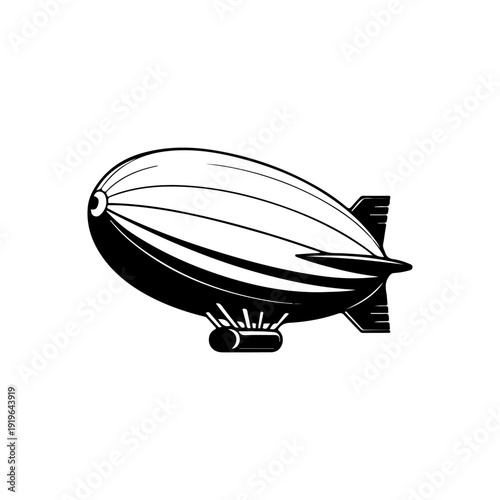 A sleek black and white vector illustration of a modern zeppelin in side profile. This high-contrast airship graphic features a streamlined design on a white background.