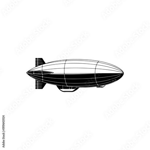 A sleek black and white vector illustration of a modern zeppelin in side profile. This high-contrast airship graphic features a streamlined design on a white background.