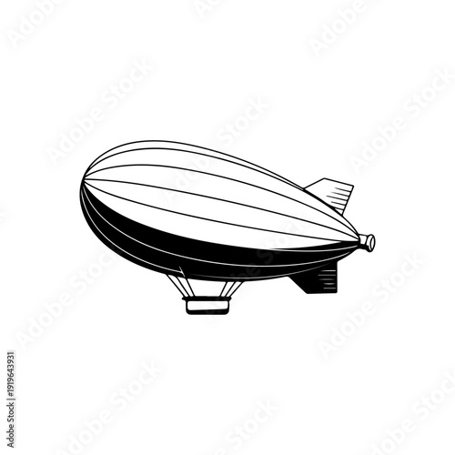 A sleek black and white vector illustration of a modern zeppelin in side profile. This high-contrast airship graphic features a streamlined design on a white background.