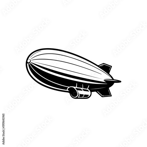 A sleek black and white vector illustration of a modern zeppelin in side profile. This high-contrast airship graphic features a streamlined design on a white background.