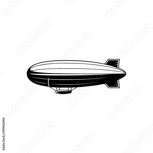 A sleek black and white vector illustration of a modern zeppelin in side profile. This high-contrast airship graphic features a streamlined design on a white background.
