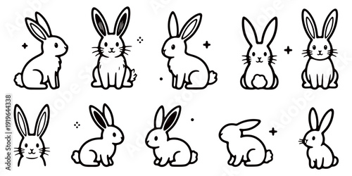 Set of four simple line art icons depicting rabbits in different poses