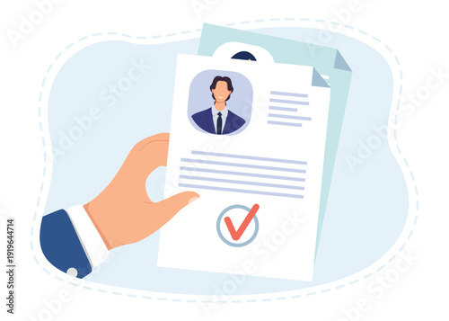 Cv of best candidate in mans hands flat vector illustration. Company looking for employee. Headhunter hiring people. Human resource management, job interview concept.