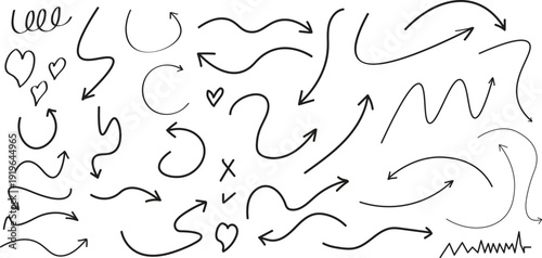 Collection of hand drawn arrows and hearts in various styles