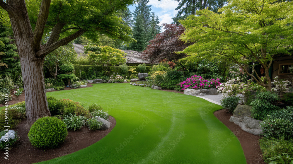 Obraz premium Lush garden with flowers and trees. A garden scene shows a well-kept green lawn surrounded by trees and flowers under a cloudy sky.