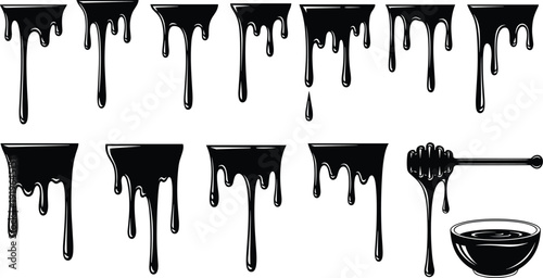 Bfeaturing flowing liquid paint splashes, syrup drips, honey dipper and bowl, isolated vector illustration set for food d