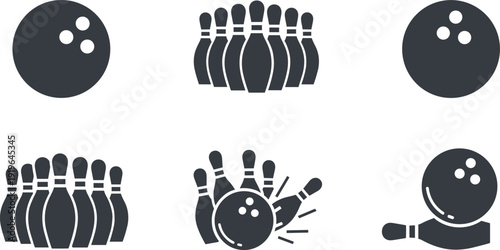 Bstrike action, knocked down skittles and sports equipment icons, isolated vector illustration set for bowling alley, t