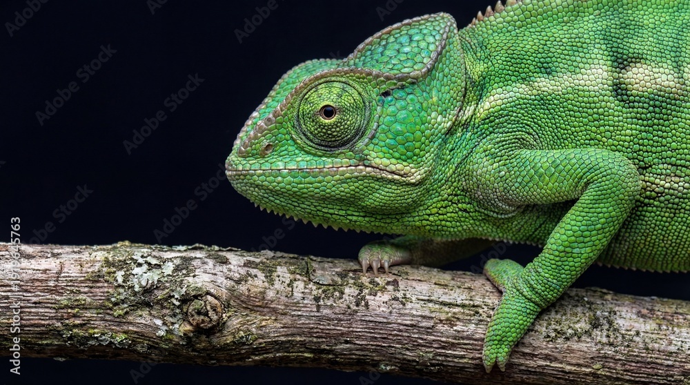 Obraz premium Vibrant green chameleon perched on a branch with intricate scales and a focused gaze.