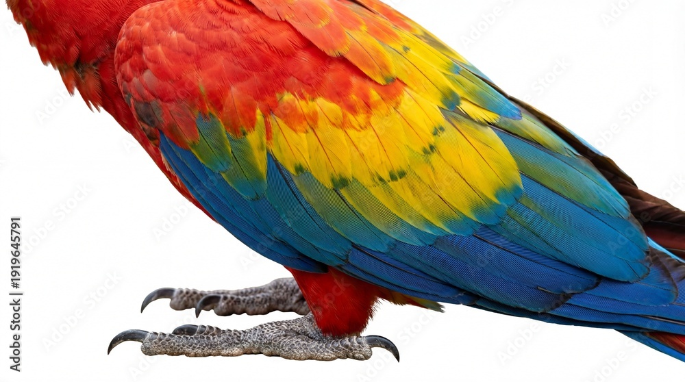 Obraz premium Vibrant multicolored parrot with sharp claws on white background.