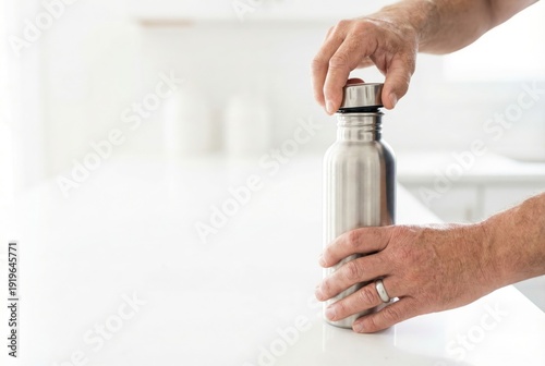 A man's hands opening a stainless steel reusable water bottle on a clean white kitchen counter.