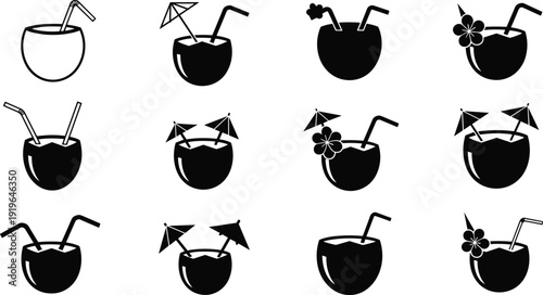  tropical drinks with straws, umbrellas and flowers, isolated vector illustration set for summer beach party, bar menu design and exotic vacation themes