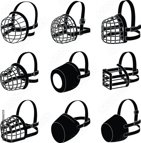  mouth guard set, adjustable basket and fabric muzzles illustration, black training equipment icons, canine safety accessory designs isolated on white background