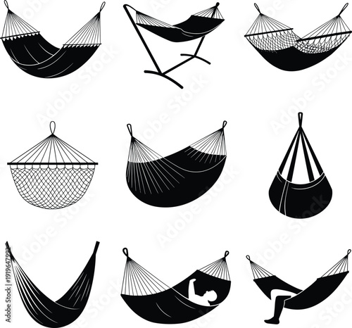 Hammock silhouette collection, outdoor hanging bed set, camping and garden relaxation icons, black fabric and net hammocks illustration, summer leisure equipment isolated on white background