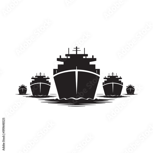Black silhouette illustration depicting a fleet of cargo ships at sea