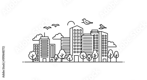 Cityscape with tall buildings and trees.