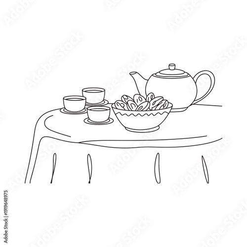 A simple line drawing depicts a teapot teacups and a bowl of fruit