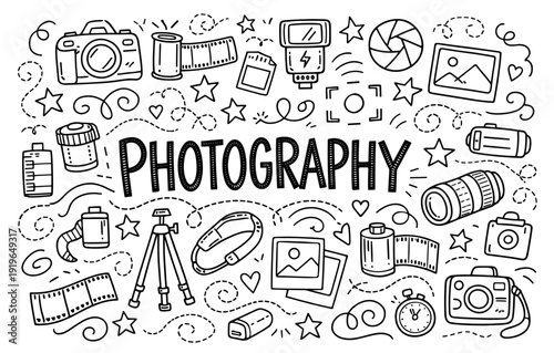 Hand drawn photography doodles: camera, film roll, tripod, and more
