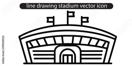Stadium vector icon, black outlines only, curved roof with small grandstand lines visible, three flags on top, central entrance with double doors, subtle arch details,