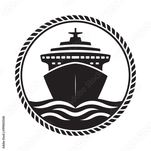 Black and white illustration of a cruise ship within a rope circle
