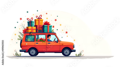 Colorful illustration of a vintage car carrying stacked suitcases and gifts on the roof, symbolizing festive holiday travel and Eid vacation journey.