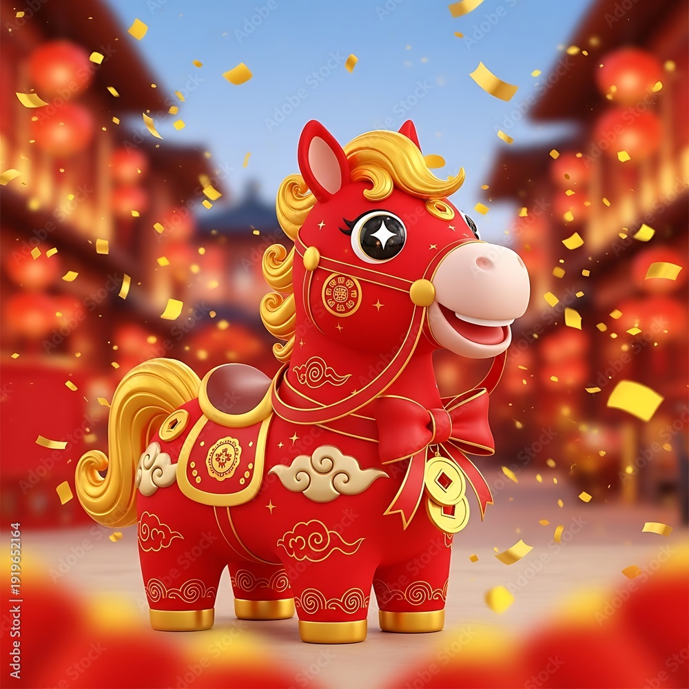 Naklejka premium Ornate red and gold cartoon horse with auspicious cloud and coin decorations, set against a festive street with lanterns