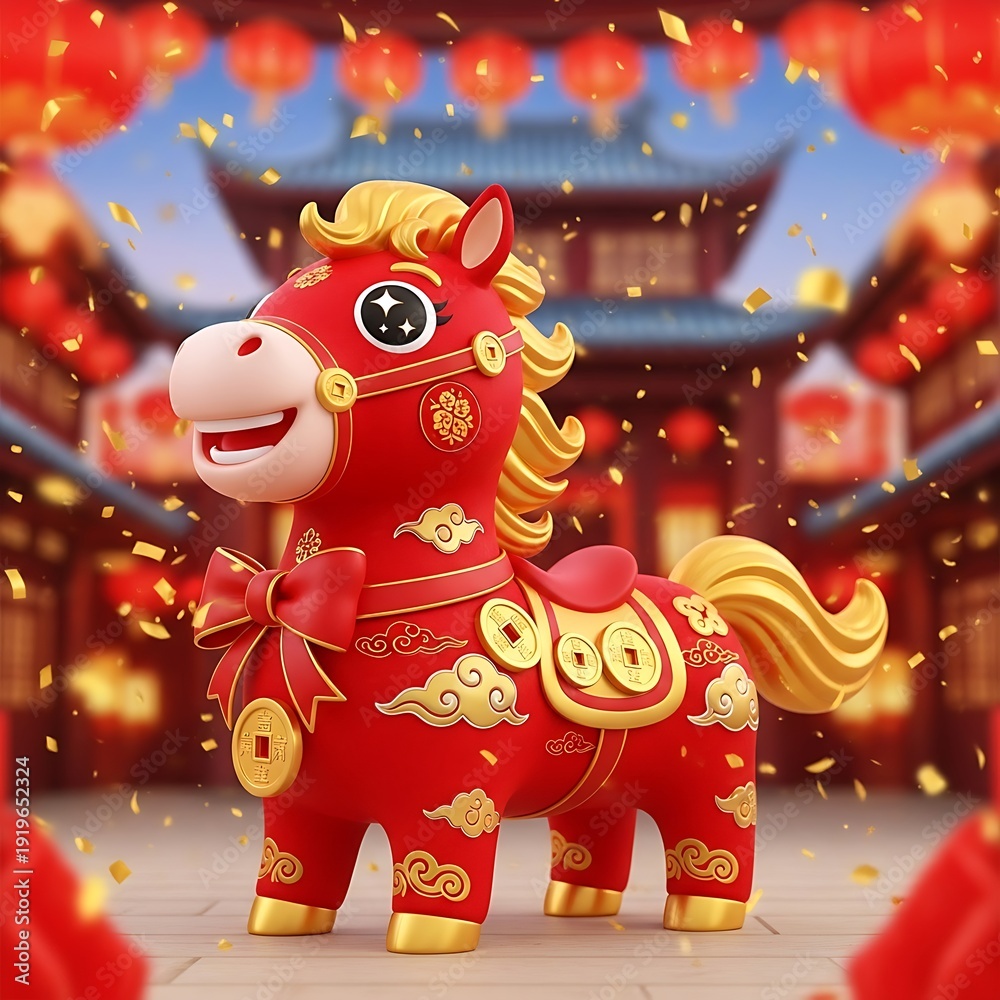 Naklejka premium Festive cartoon horse mascot adorned with gold ornaments, clouds, and Chinese coins, set against a traditional temple background with falling confetti