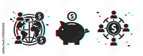 Global finance network with piggy bank and people icons