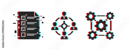 Glitch effect icons of checklist, team collaboration, gear connections