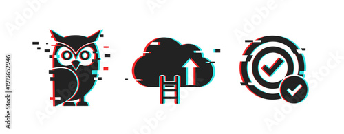 Glitch style owl, cloud with ladder, and target with checkmark icons