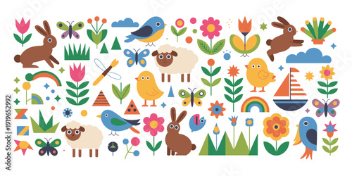 Spring Themed Flat Design Elements With Bunnies Birds Sheep And Flowers easter season