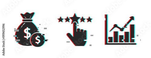 Glitch effect business icons: money, rating, growth chart