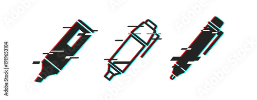 Glitched black markers on white background with digital distortion effect