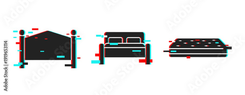 Digital glitch art of bed icons in red and blue