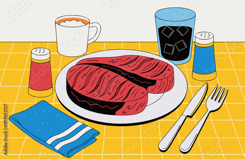 Comfort Food And Indulgence Illustration Of Steak Dinner With Drink And Coffee On Table Representing Culinary Delights And Simple Pleasures Of Home Cooking