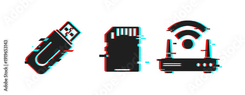 Glitch effect icons of usb flash drive, sd card, and wireless router