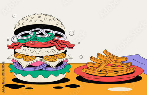 Fast Food Culture And Unhealthy Eating Habits Illustration Of A Large Burger And Fries On A Plate Representing Diet Choices And The Temptation Of Junk Food