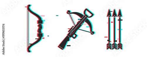 3d glitch effect bow, crossbow, and arrows illustration on white background