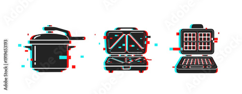 Glitch art: retro pressure cooker and waffle maker duo in vibrant 3d effect