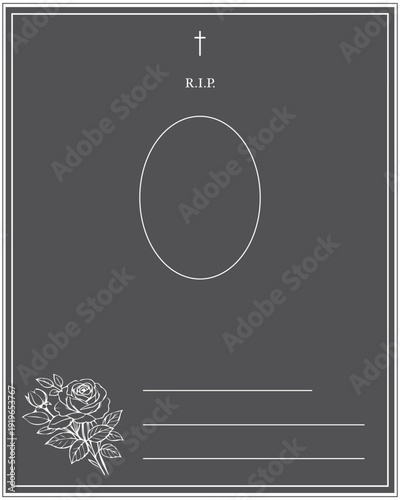 Dark grey funeral empty invitation card. frame with roses and black row. Photo Frame