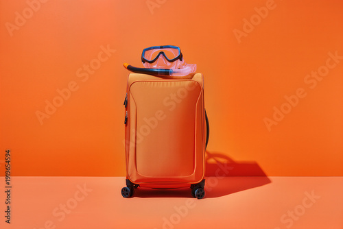 Bright orange carry-on suitcase with snorkel and mask for summer travel and beach vacation