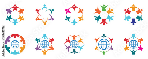 Set of global community logo design template. Colorful human group logo vector elements.