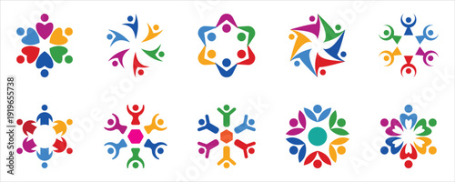 Set of global community logo design template. Colorful human group logo vector elements.