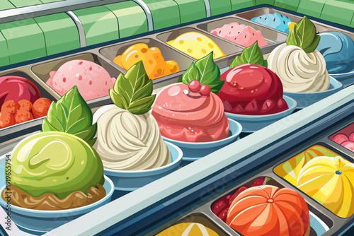 Close up of ice cream scoops in frosted supermarket freezer strawberry and lemon flavors prominent creamy swirls cold display shelf appetizing frozen treat