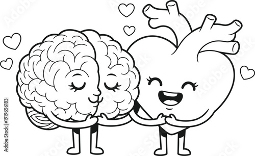 The brain and heart are standing together with love and affection in a cartoon illustration