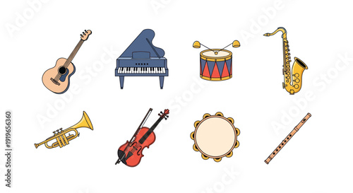 Musical instruments collection on white