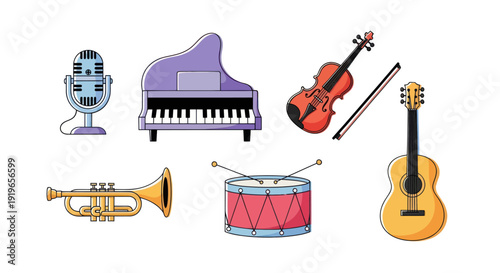 Musical instruments on white background
