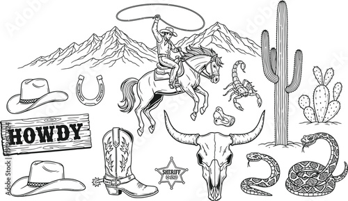 Cowboy riding a bull with western elements and mountainous landscape in the background